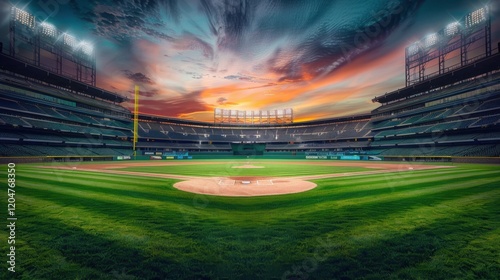 Empty baseball diamond at sunset. Pristine field, dramatic stadium lighting, cinematic colors.  Professional stadium bathed in golden hour glow. photo