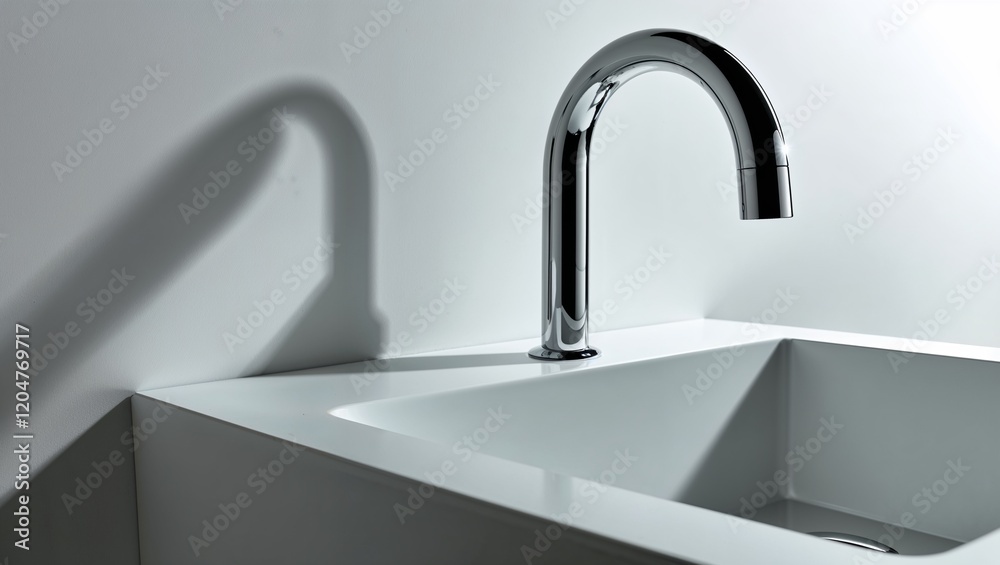 A sleek chrome faucet creates elegant reflections above pristine sink. A sleek chrome faucet creates elegant reflections above pristine sink.