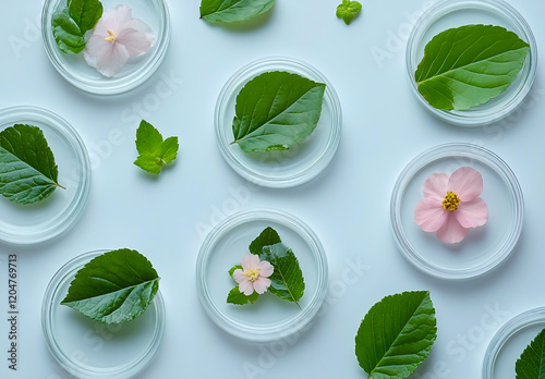 Skincare products displayed in dishes with fresh leaves and vibrant flowers, set against a clean white background, photo