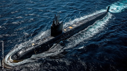 Advanced military submarines are in the deep sea, The exterior of the submarine is dark in color, background wallpaper AI generated image photo