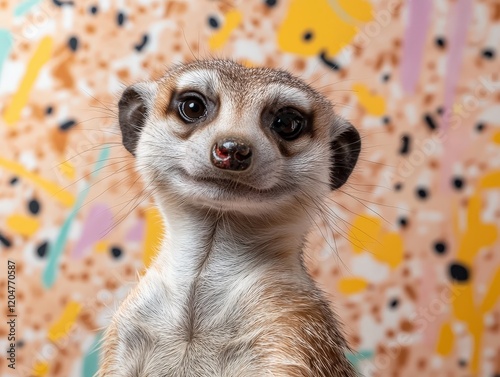 Adorable meerkat posing with a cheerful expression against colorful abstract background in a playful and vibrant setting photo