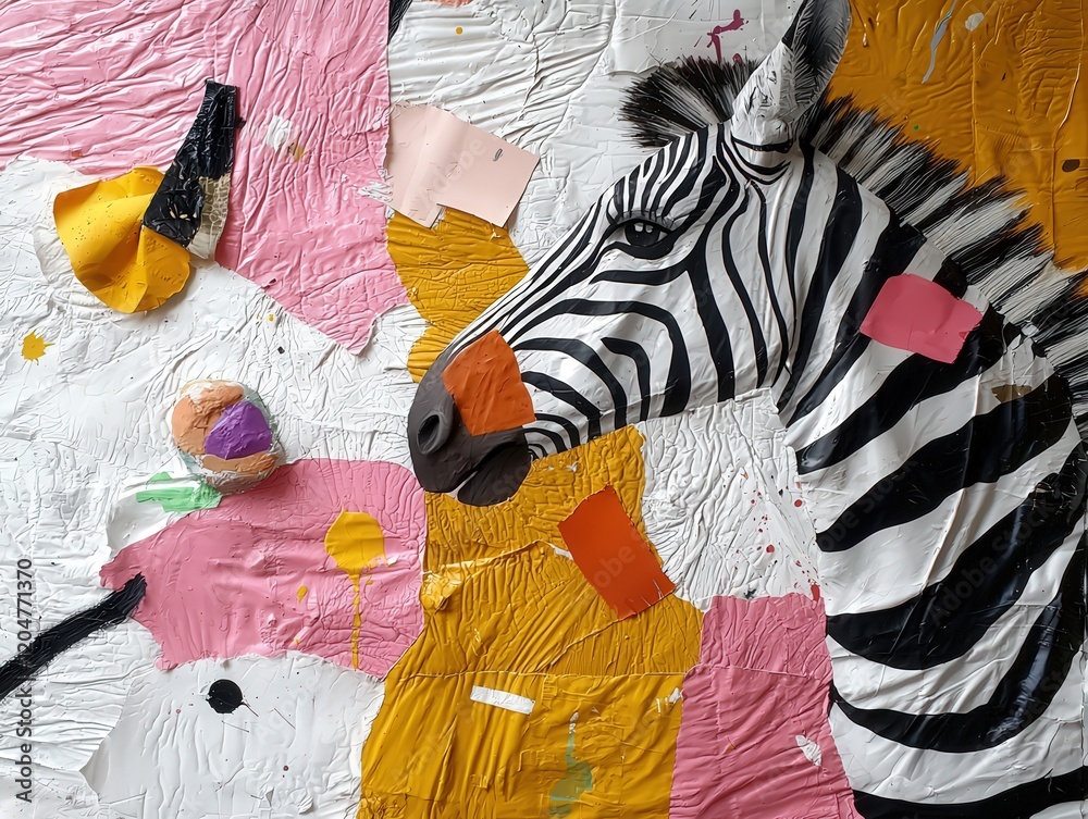 Obraz premium Colorful Abstract Artwork Featuring Zebra Head with Mixed Media Elements on a Textured Background
