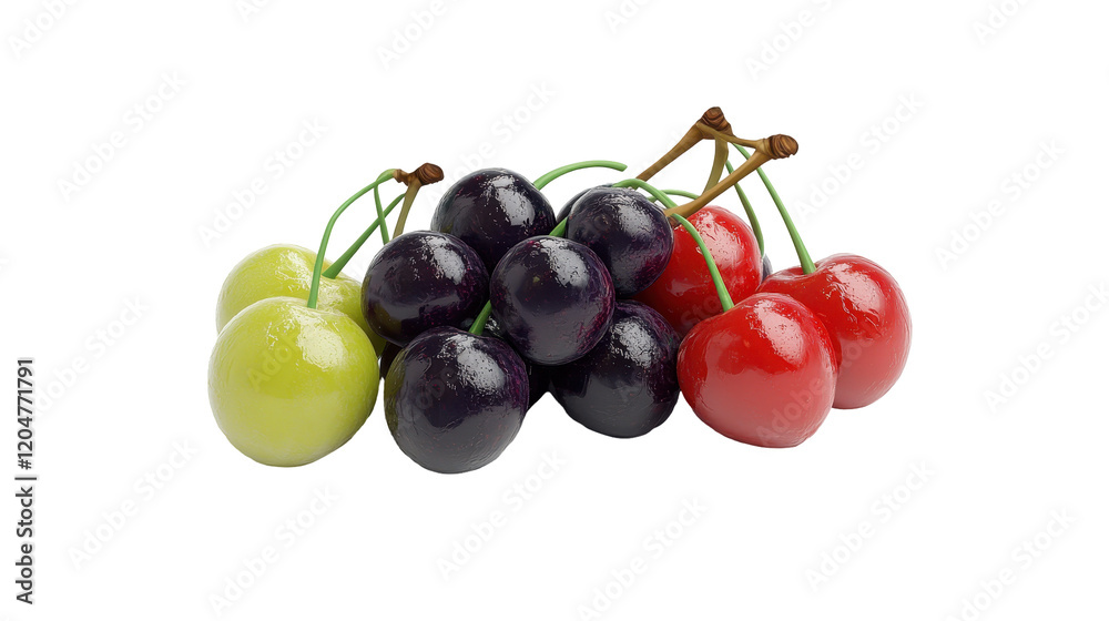 A vibrant assortment of fresh cherries in red, yellow, and purple colors. transparent background