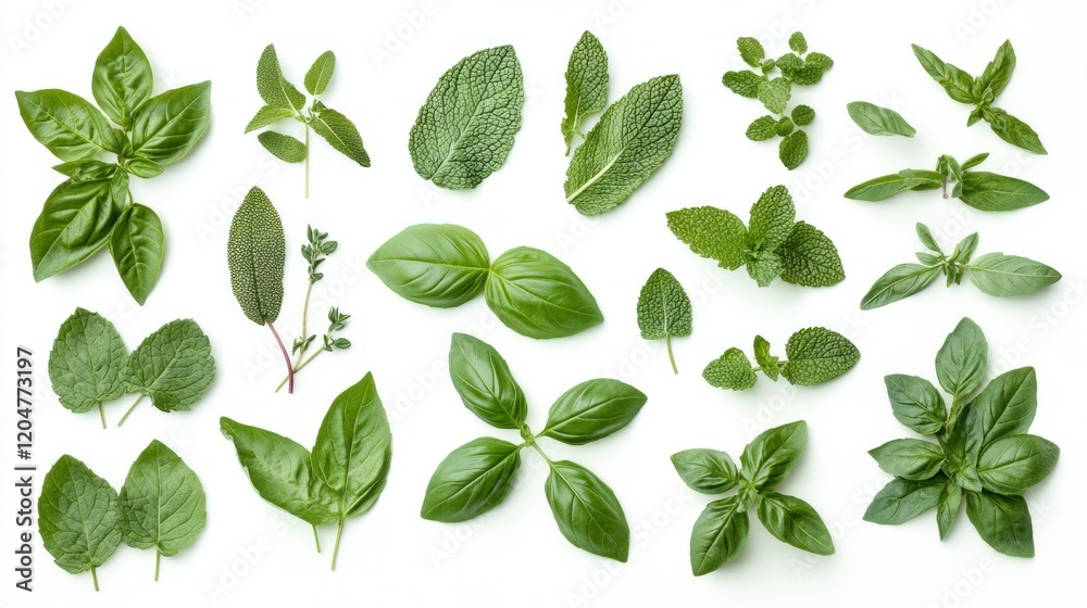 A variety of fresh herbs, including basil, mint, and rosemary, are arranged flat on a white background wallpaper AI generated image A variety of fresh herbs, including basil, mint, and rosemary, are arranged flat on a white background wallpaper AI generated image