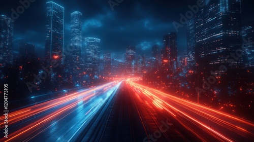 Futuristic Cityscape at Night with Neon Lights and Motion in Cyberpunk Style