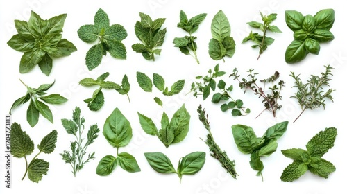 A variety of fresh herbs, including basil, mint, and rosemary, are arranged flat on a white background wallpaper AI generated image