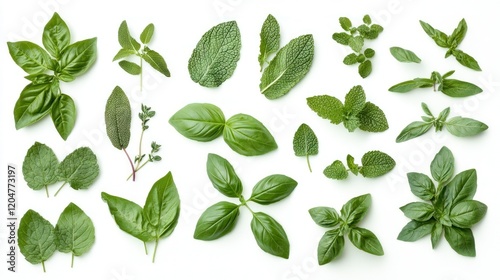 A variety of fresh herbs, including basil, mint, and rosemary, are arranged flat on a white background wallpaper AI generated image