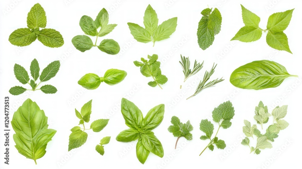 A variety of fresh herbs, including basil, mint, and rosemary, are arranged flat on a white background wallpaper AI generated image A variety of fresh herbs, including basil, mint, and rosemary, are arranged flat on a white background wallpaper AI generated image