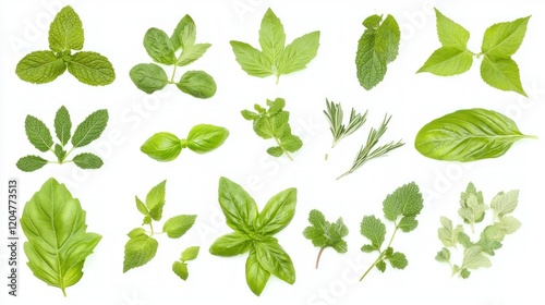 A variety of fresh herbs, including basil, mint, and rosemary, are arranged flat on a white background wallpaper AI generated image