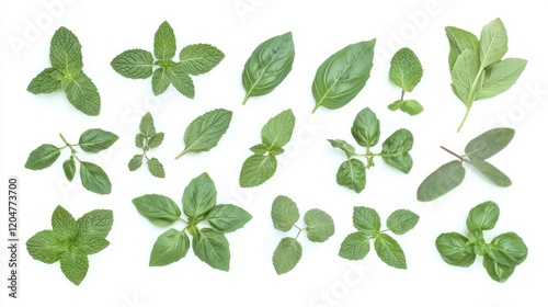 A variety of fresh herbs, including basil, mint, and rosemary, are arranged flat on a white background wallpaper AI generated image