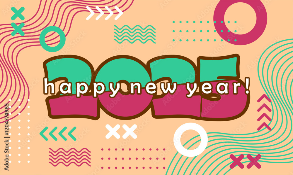 Fototapeta premium Happy new year 2025 greeting card template, Trendy typography with geometric hipster pattern in Memphis style, Applicable for banner, calendar, invitation, flyer, social media