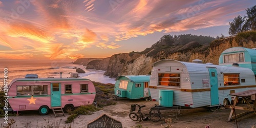 Pastel vintage trailers in a coastal park offer stunning sunset views over Pacific cliffs.  A dreamy maritime scene.