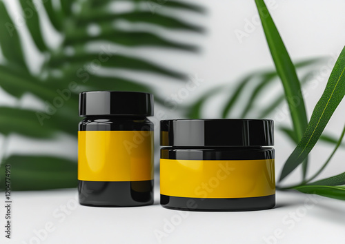 Two realistic yellow empty beauty product label mockups displayed in sleek black glass jars, ideal for packaging design presentations photo