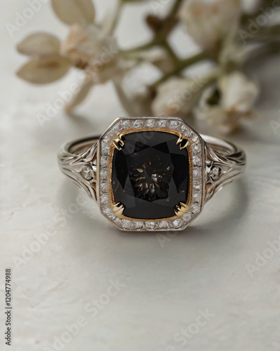 An elegant black obsidian engagement ring with a prominent solitaire, set on a slender gold band.