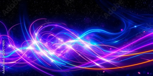 Blue neon light effect communication technology technology background ,Abstract neon light streaks motion background, Dark blue abstract background with ultraviolet neon glow, blurry light lines, wave photo