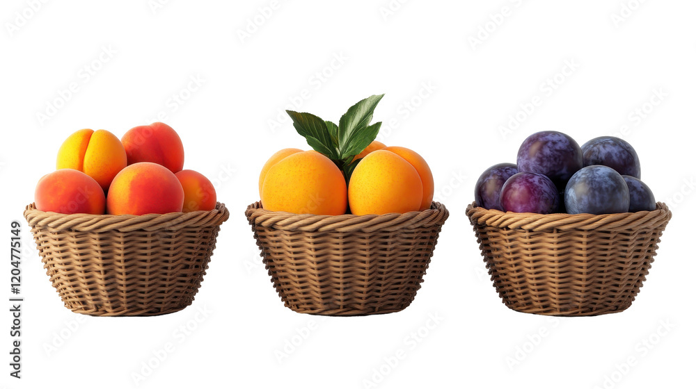 Three baskets of fresh fruits including peaches, oranges, and plums, vibrant and healthy. transparent background Three baskets of fresh fruits including peaches, oranges, and plums, vibrant and healthy. transparent background