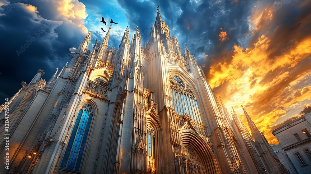 Obraz premium gothic cathedral sunset dramatic sky - dramatic lighting