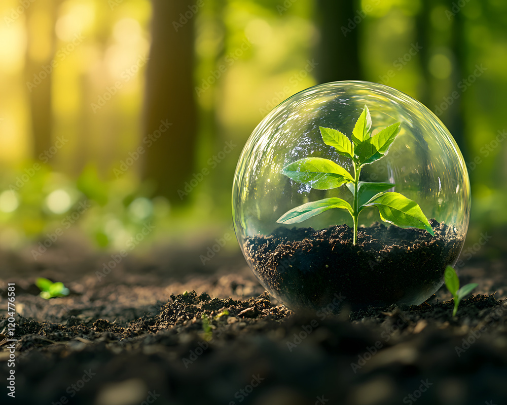 Seedling in Soil within Transparent Sphere in Forest Setting Seedling in Soil within Transparent Sphere in Forest Setting