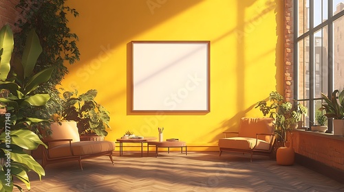 A bright yellow wall with an empty picture frame, creating a lively and cheerful atmosphere in the room. The frame is blank, 