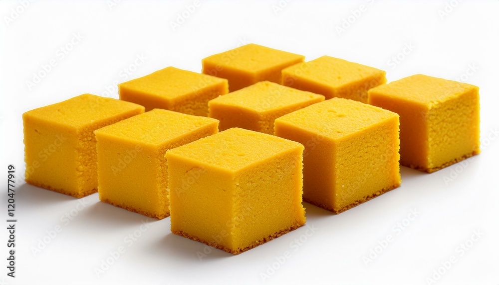 Ten golden-yellow, cube-shaped treats sit on a white background. Ten golden-yellow, cube-shaped treats sit on a white background.
