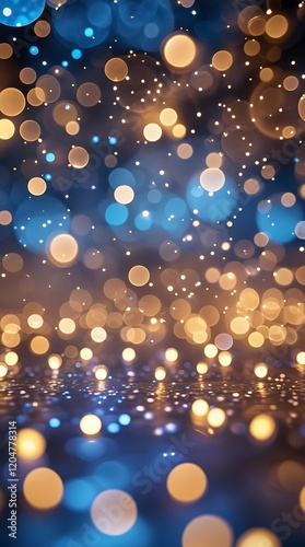 Golden and blue bokeh light pattern with a soft glow, creating a warm and inviting atmosphere ideal for festive occasions or artistic designs

 photo