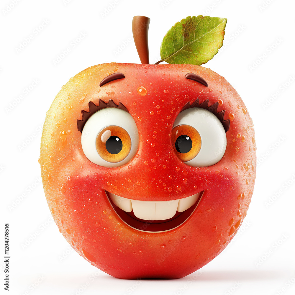 Obraz premium Cheerful cartoon apple character with sparkling eyes and a leaf hat, smiling on a bright white background
