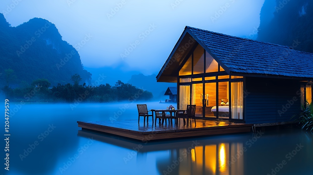 Fototapeta premium Serene Lakeside Cabin Retreat at Dusk