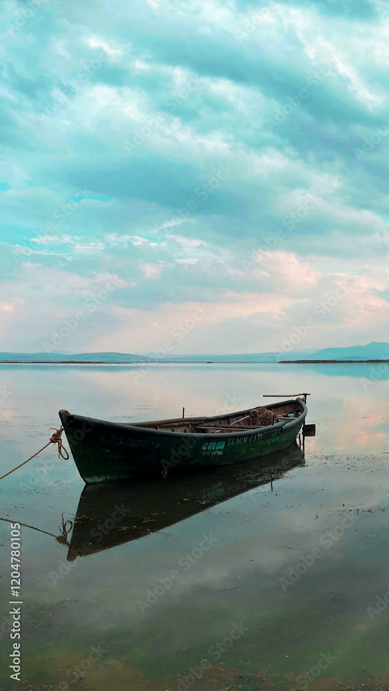 Obraz premium Fishing boat on the edge of the lake surrounded by snowy mountains on a cloudy sunset. The sky and the lake are painted blue, the sun makes you feel its warmth with its reflections on the lake. 