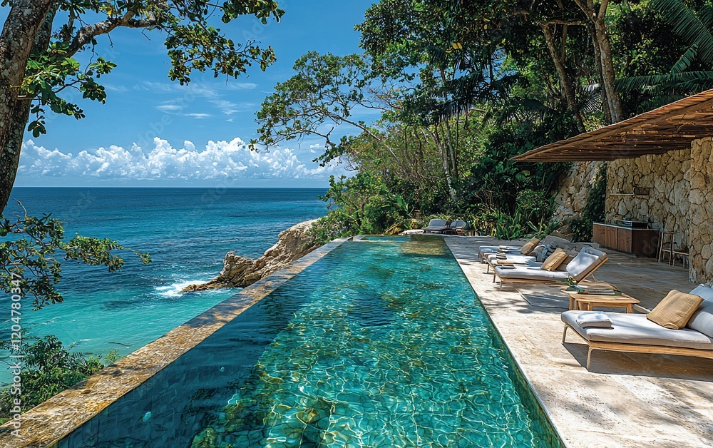 Obraz premium Infinity pool overlooking ocean, cliffside villa.