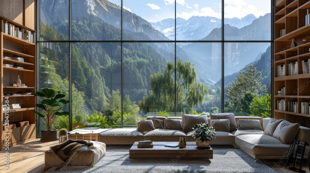Fototapeta premium Spacious living room with large windows, AI generated image