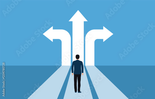 Businessman standing on the crossroads with arrows. Different direction. Career path concept vector design.