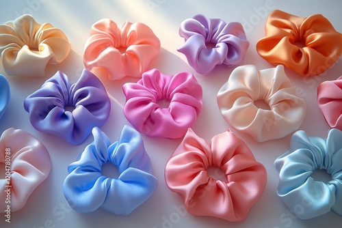 Collection of trendy satin scrunchies pearl hair clips in soft pastel colors on white background beauty fashion accessories