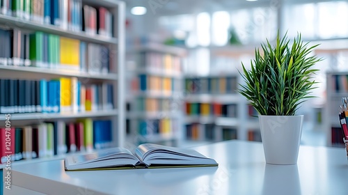 A clean, white desk with books and office supplies, with shelves of colorful bookshelves in the background. 