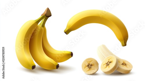 Ripe yellow bananas bunch, sliced, isolated, white background, food photo