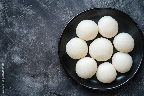 Mochi or Korean rice cakes displayed on a black plate viewed from above against a dark brown granite surface in a horizontal orientation photo