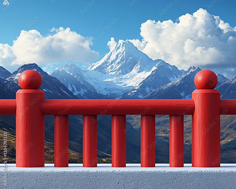 Red railing overlooks snowy mountain range. Red railing overlooks snowy mountain range.