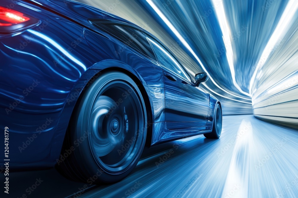 Motion blur of a car driving through a blue tunnel Motion blur of a car driving through a blue tunnel