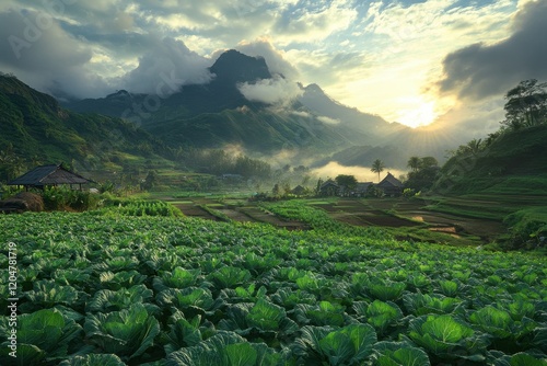 Morning ready fresh Chinese cabbage in fields for local Indonesian farmers to harvest photo