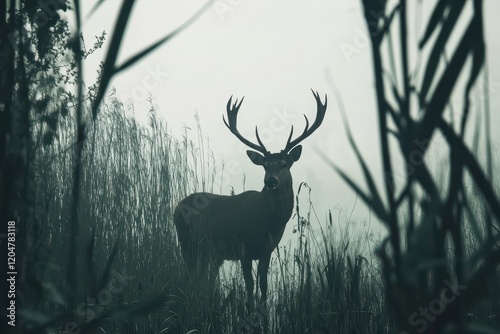 Outline of a stag with large antlers among reeds on a misty morning Animals in their environment