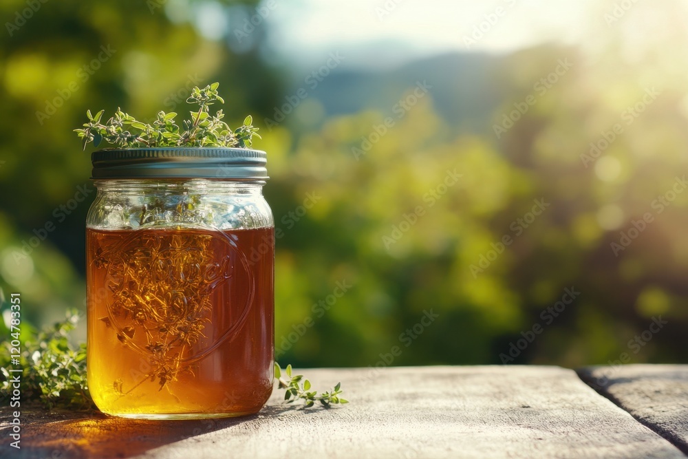 Outdoor table with herbal thyme syrup in a jar Cough remedy Outdoor table with herbal thyme syrup in a jar Cough remedy