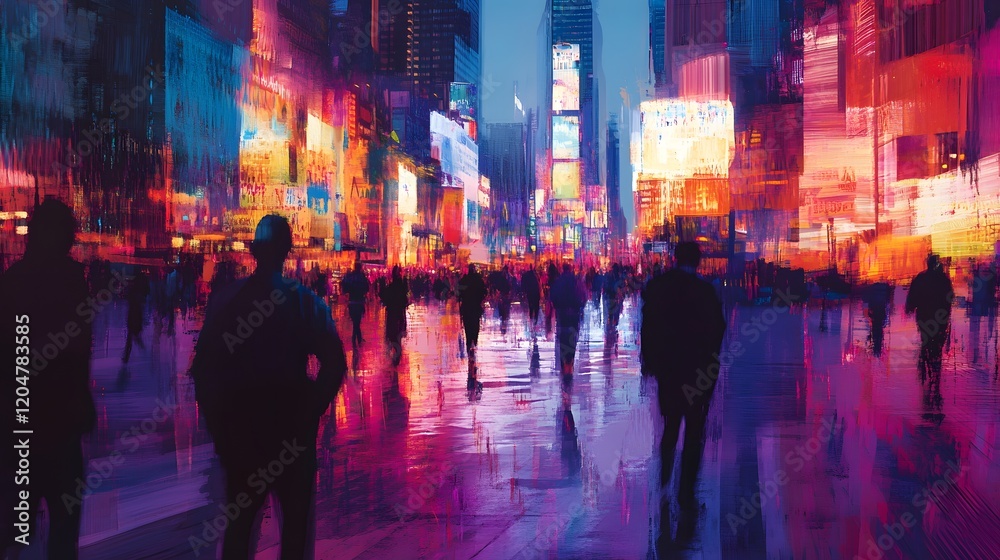 Obraz premium Night City Crowd Amidst Vibrant Illuminated Buildings