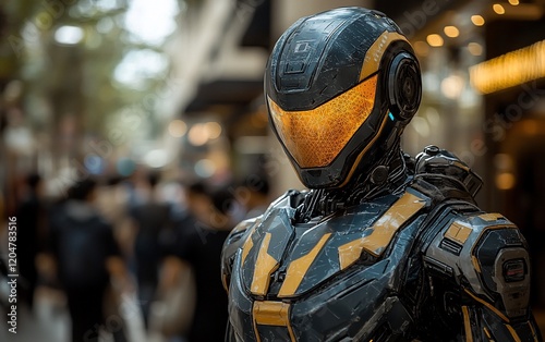 Futuristic robot in city street.