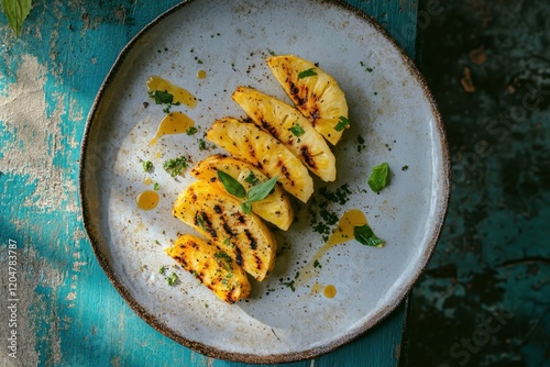 Overhead shot of grilled pineapple slices drizzled with rum sauce A simple summer dessert on a blue table photo