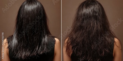 The effects of frizz and heat treatment on hair before and after salon care. photo