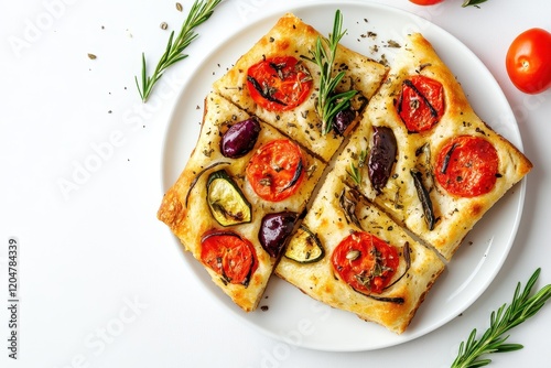 Overhead view of stonebaked focaccia with Mediterranean vegetables on a white plate against a blank background