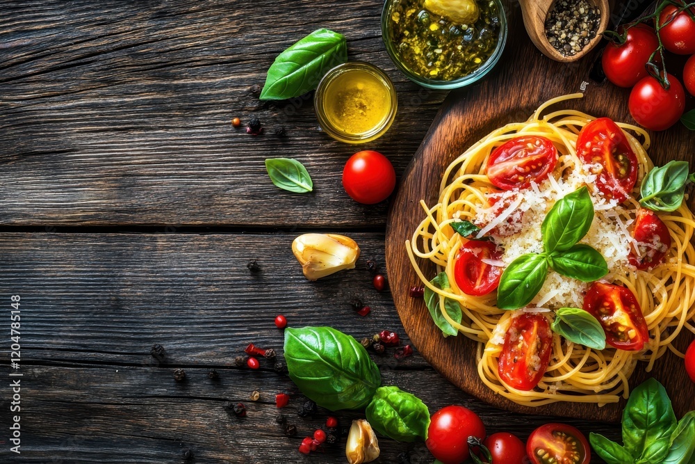 Pasta with garlic oil parmesan and basil on a wooden surface Pasta with garlic oil parmesan and basil on a wooden surface