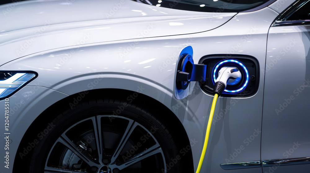Fototapeta premium Electric car charging with cable connected to charging port, close up view