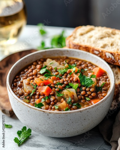 Gut and stomach's care foods concept. Bowl of lentil soup with a side of sourdough bread, minimalistic healthy meal for digestion photo