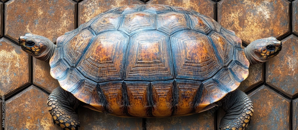 Fototapeta premium Tortoise Shell Texture Against Rusty Hexagon Background