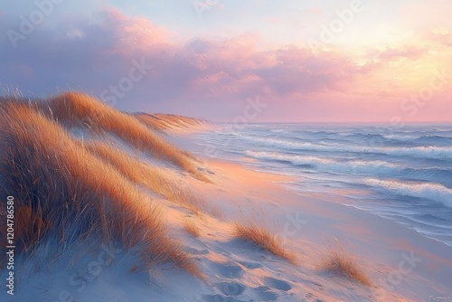 Peaceful Beach Landscape at Dusk with Rolling Sand Dunes and Soft Pastel Colors